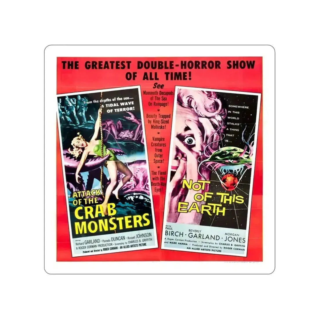 ATTACK OF THE CRAB MONSTERS + NOT OF THIS EARTH 1957 Movie Poster STICKER Vinyl Die-Cut Decal 3 Inch - The Sticker Space