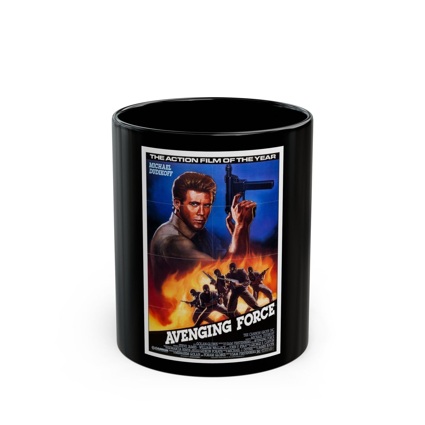 AVENGING FORCE 1986 Movie Poster - Black Coffee Mug-11oz-The Sticker Space