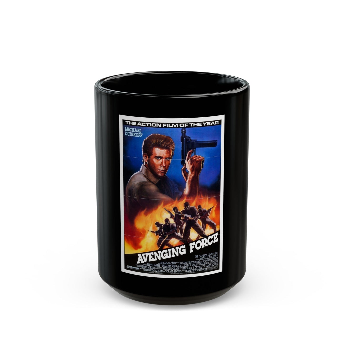 AVENGING FORCE 1986 Movie Poster - Black Coffee Mug-15oz-The Sticker Space