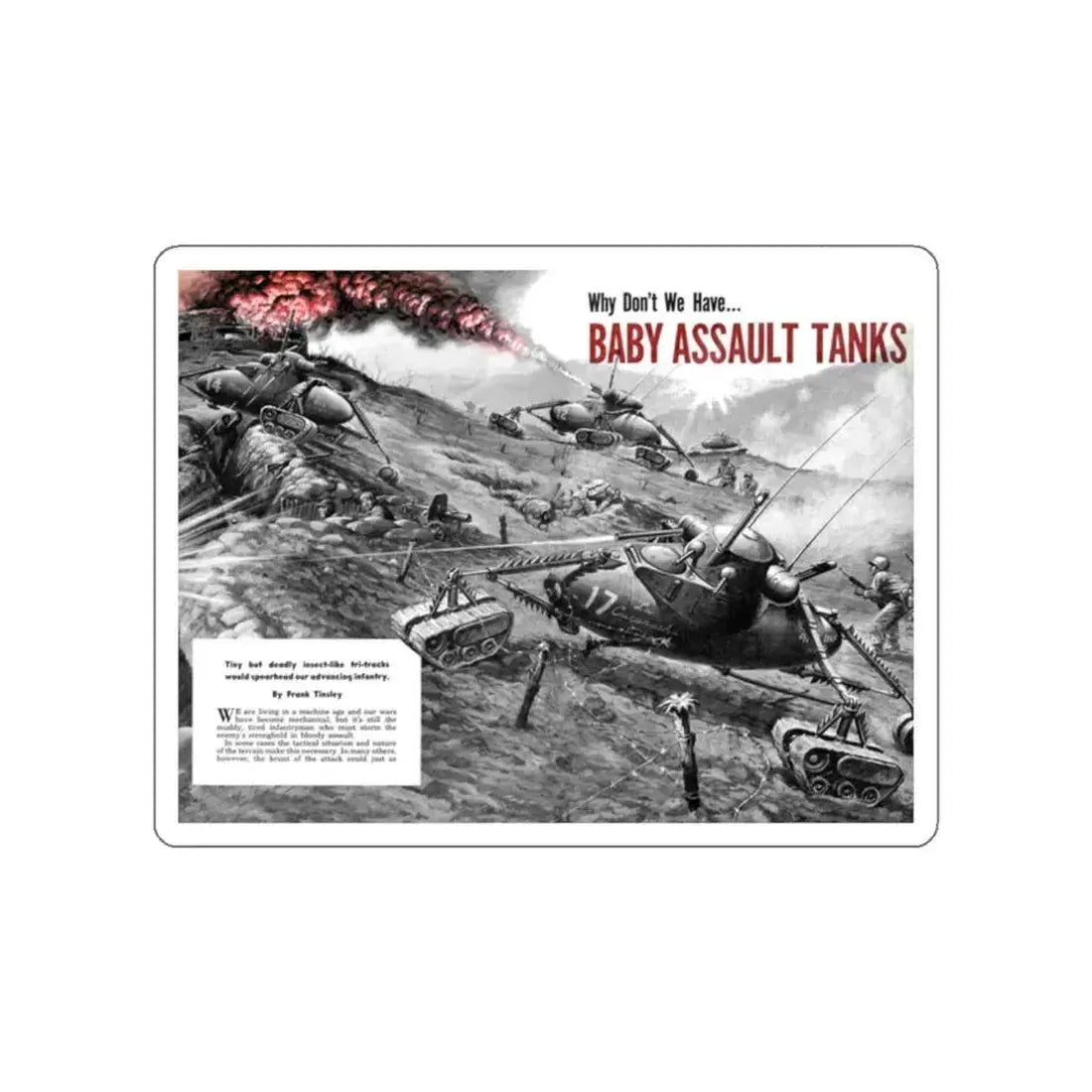 Baby Assault Tanks, Modern Mechanix, 1952 (Magazine Illustration) STICKER Vinyl Die-Cut Decal White Die-Cut 2 Inch - The Sticker Space