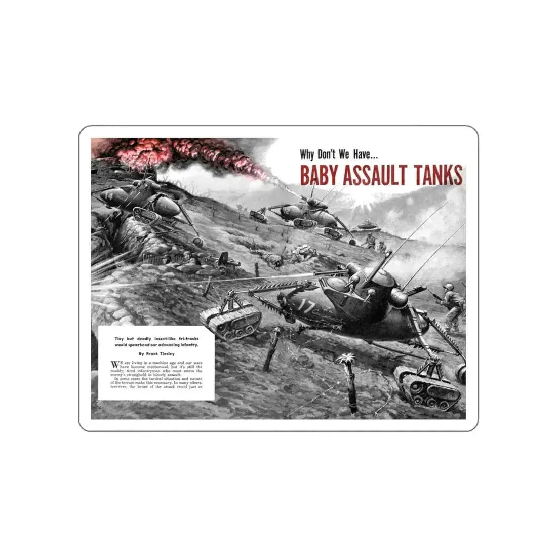 Baby Assault Tanks, Modern Mechanix, 1952 (Magazine Illustration) STICKER Vinyl Die-Cut Decal White Die-Cut 4 Inch - The Sticker Space