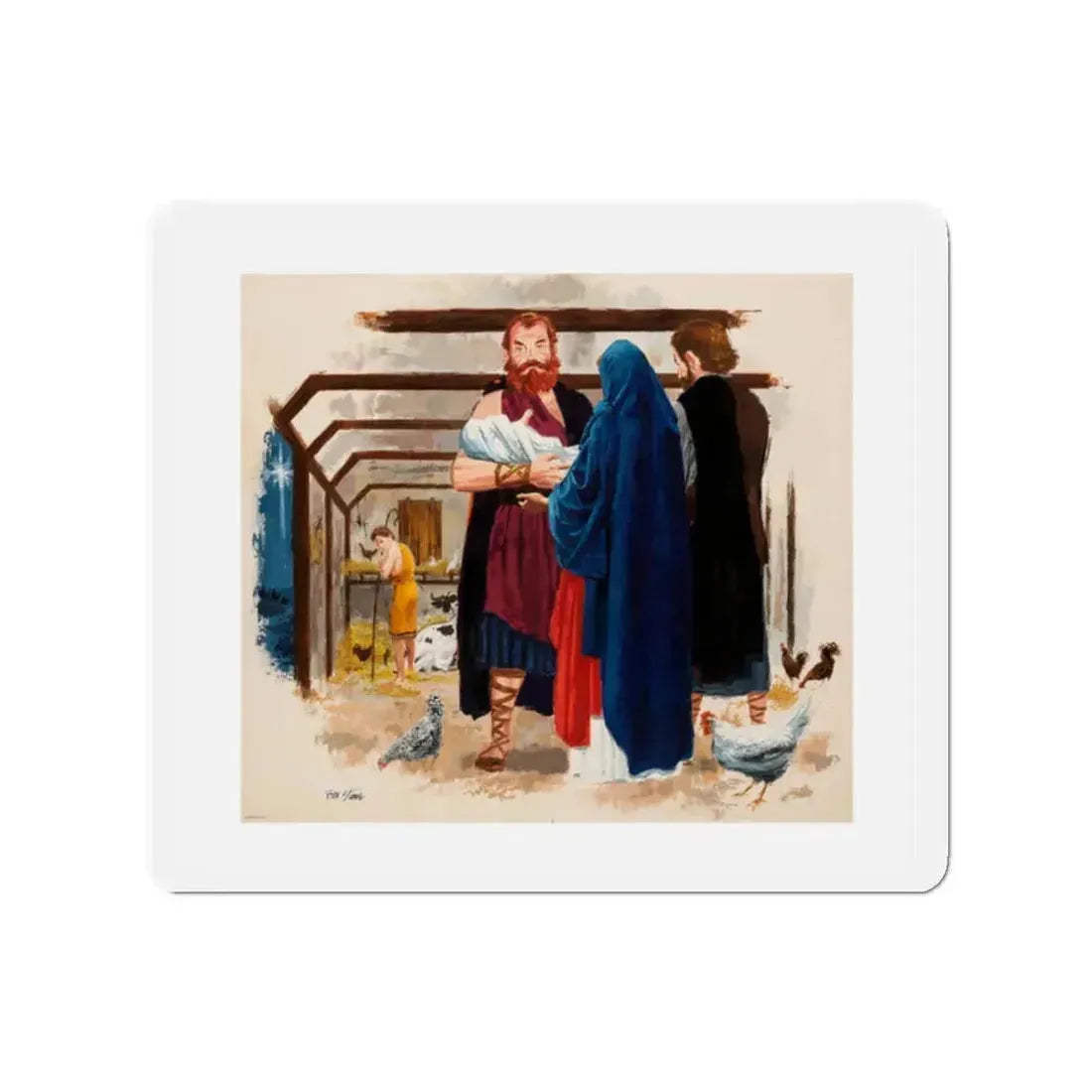 Baby Jesus, Mary, and Joseph (c. 1960s) (Magazine Illustration) Refrigerator Magnet 2 Inch Die-Cut - The Sticker Space