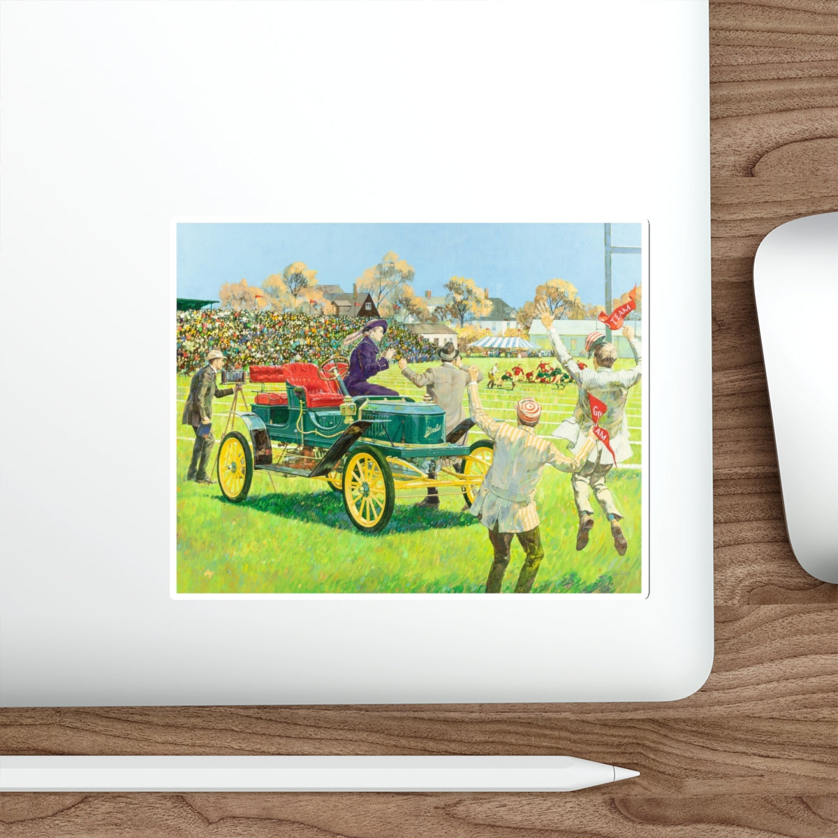 Back For the Big Game, 1909 Stanley Steamer, Great Moments in Early American Motoring, 1970 (Magazine Illustration) STICKER Vinyl Die-Cut Decal-The Sticker Space