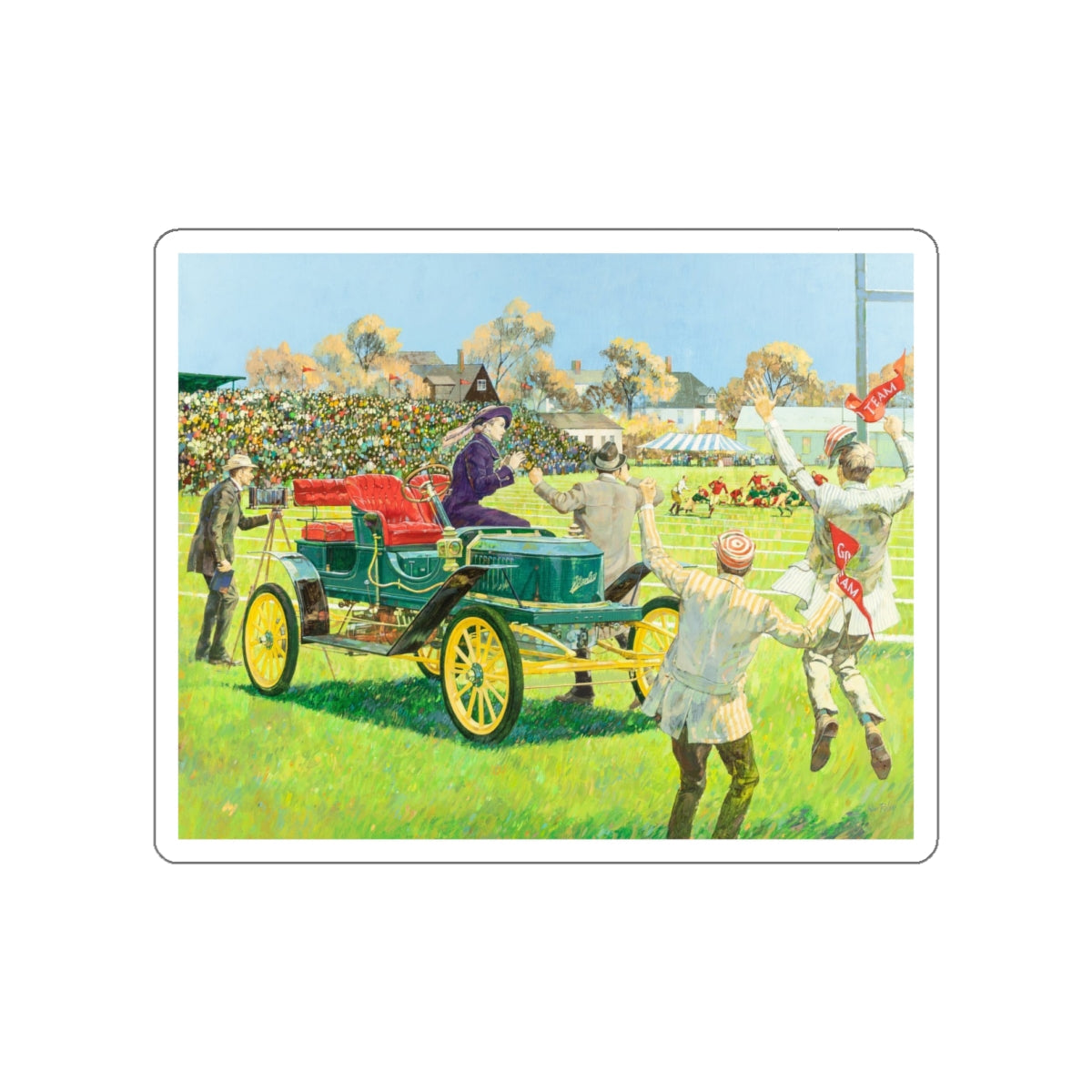 Back For the Big Game, 1909 Stanley Steamer, Great Moments in Early American Motoring, 1970 (Magazine Illustration) STICKER Vinyl Die-Cut Decal-White-The Sticker Space