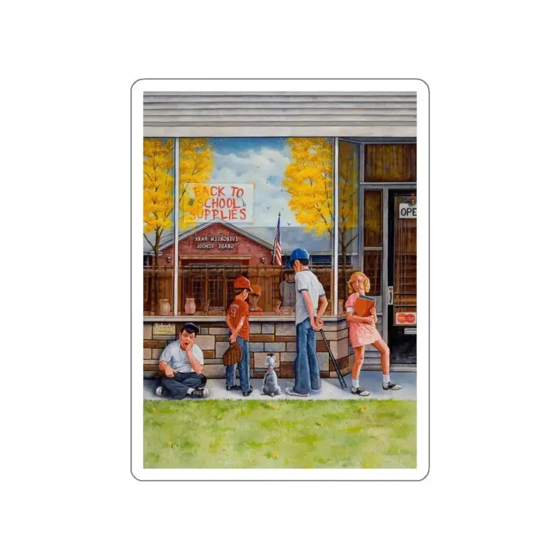 Back to School Supplies, Saturday Evening Post cover, September-October 1973 (Magazine Illustration) STICKER Vinyl Die-Cut Decal White Die-Cut 3 Inch - The Sticker Space