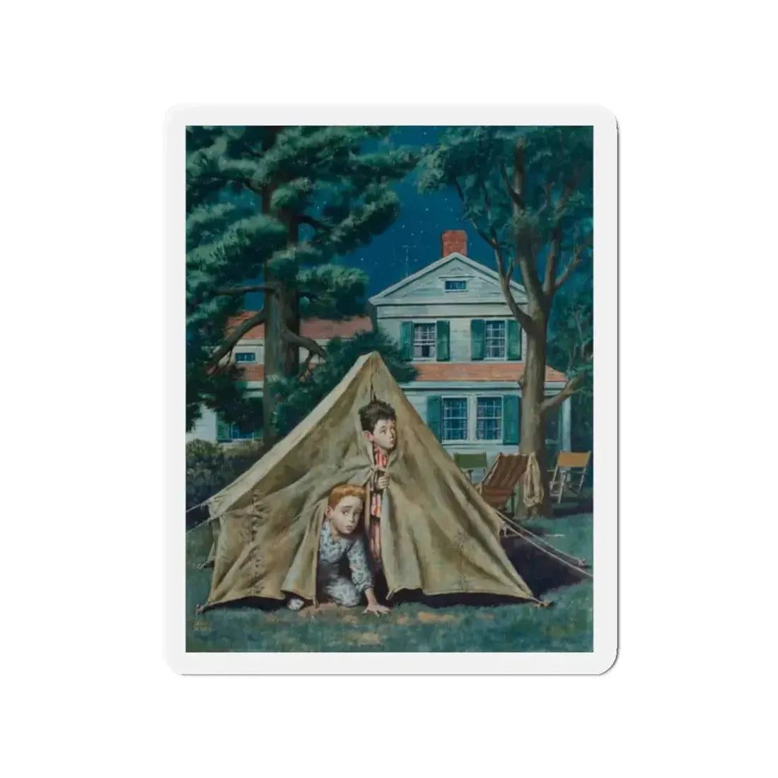 Backyard Campers, Saturday Evening Post cover, September 5, 1953 (Magazine Illustration) Refrigerator Magnet 2 Inch Die-Cut - The Sticker Space