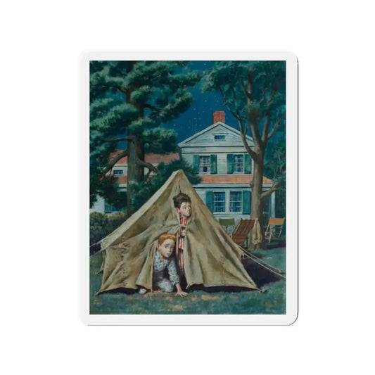 Backyard Campers, Saturday Evening Post cover, September 5, 1953 (Magazine Illustration) Refrigerator Magnet 2 Inch Die-Cut - The Sticker Space