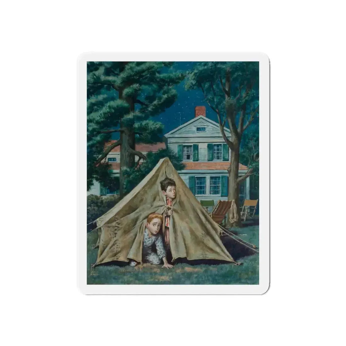 Backyard Campers, Saturday Evening Post cover, September 5, 1953 (Magazine Illustration) Refrigerator Magnet 3 Inch Die-Cut - The Sticker Space