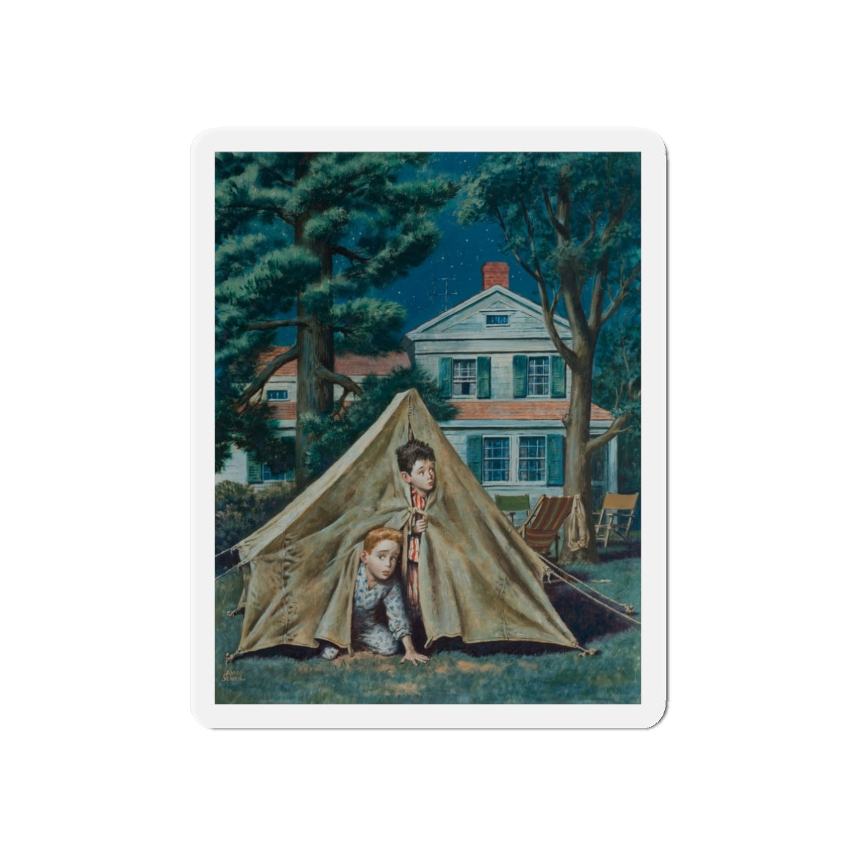 Backyard Campers, Saturday Evening Post cover, September 5, 1953 (Magazine Illustration) Refrigerator Magnet-3" x 3"-Die-Cut-1 pc-The Sticker Space