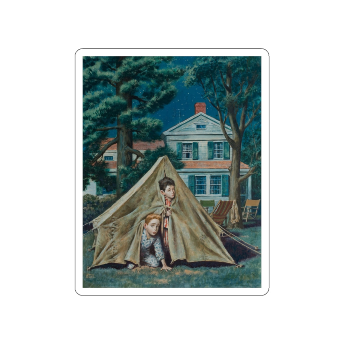 Backyard Campers, Saturday Evening Post cover, September 5, 1953 (Magazine Illustration) STICKER Vinyl Die-Cut Decal-White-The Sticker Space