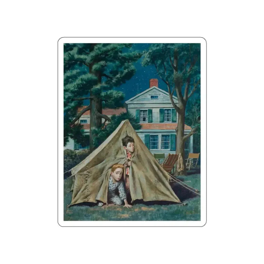 Backyard Campers, Saturday Evening Post cover, September 5, 1953 (Magazine Illustration) STICKER Vinyl Die-Cut Decal White Die-Cut 5 Inch - The Sticker Space