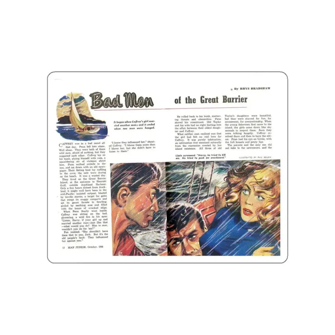 Bad Men of the Great Barrier, Man Junior, October 1948 (Magazine Illustration) STICKER Vinyl Die-Cut Decal White Die-Cut 6 Inch - The Sticker Space