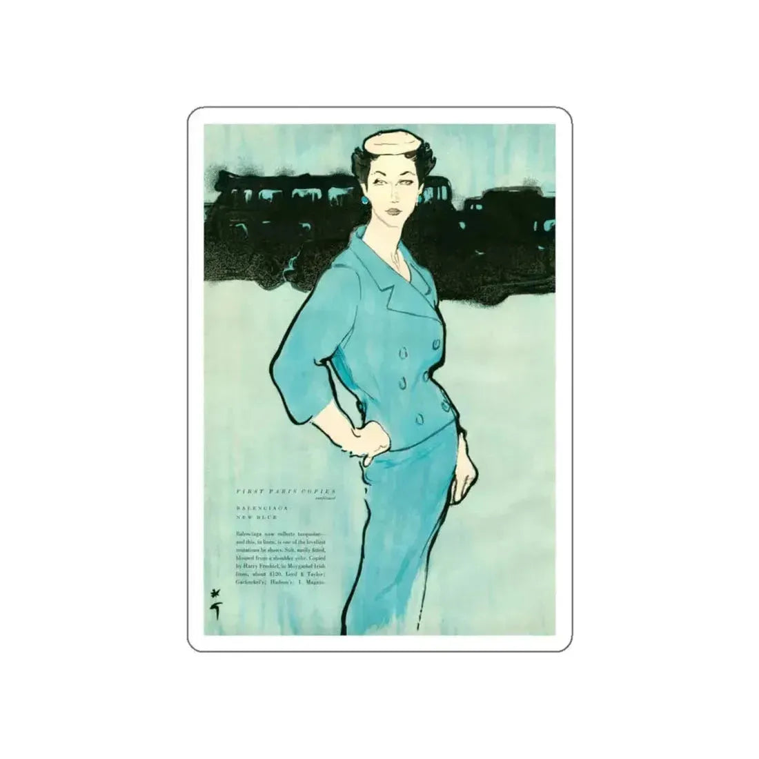Balensiaga - New Blue, Vogue Illustrations, 1954 (Magazine Illustration) STICKER Vinyl Die-Cut Decal White Die-Cut 4 Inch - The Sticker Space
