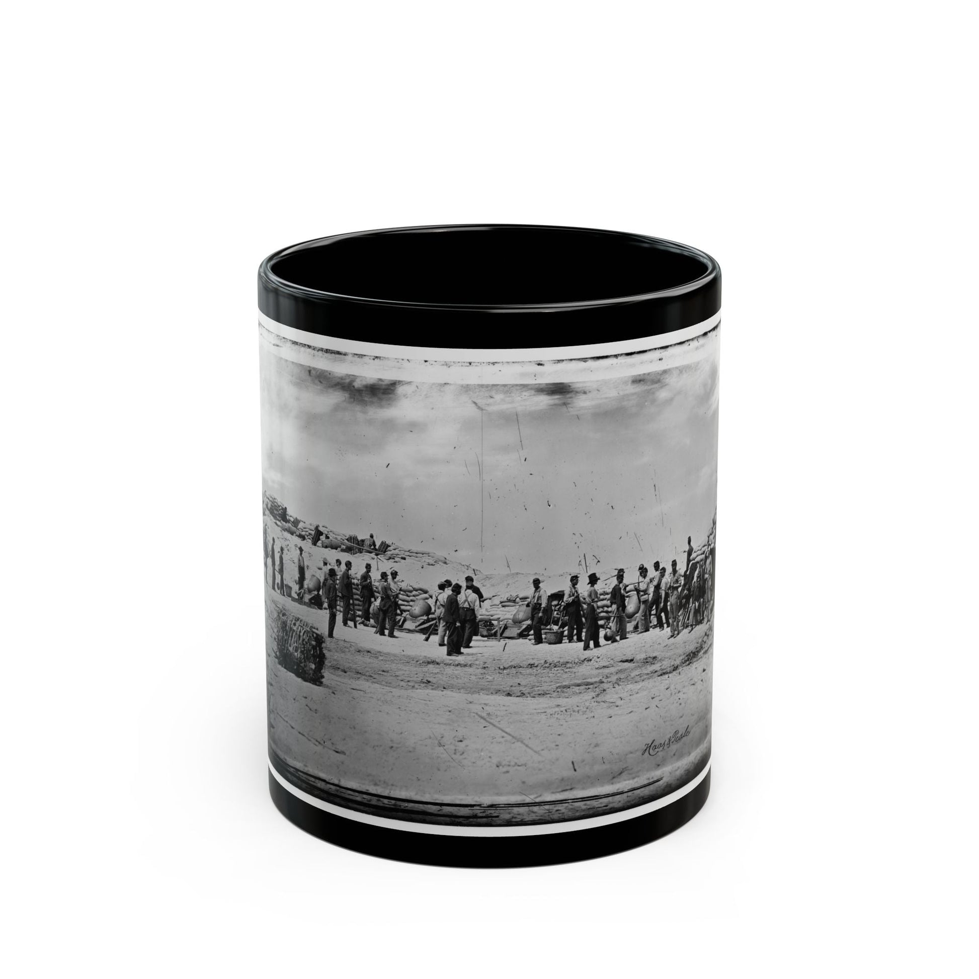 Battery Reynolds. Five 10-Inch Siege Mortars Against Wagner (U.S. Civil War) Black Coffee Mug-11oz-The Sticker Space