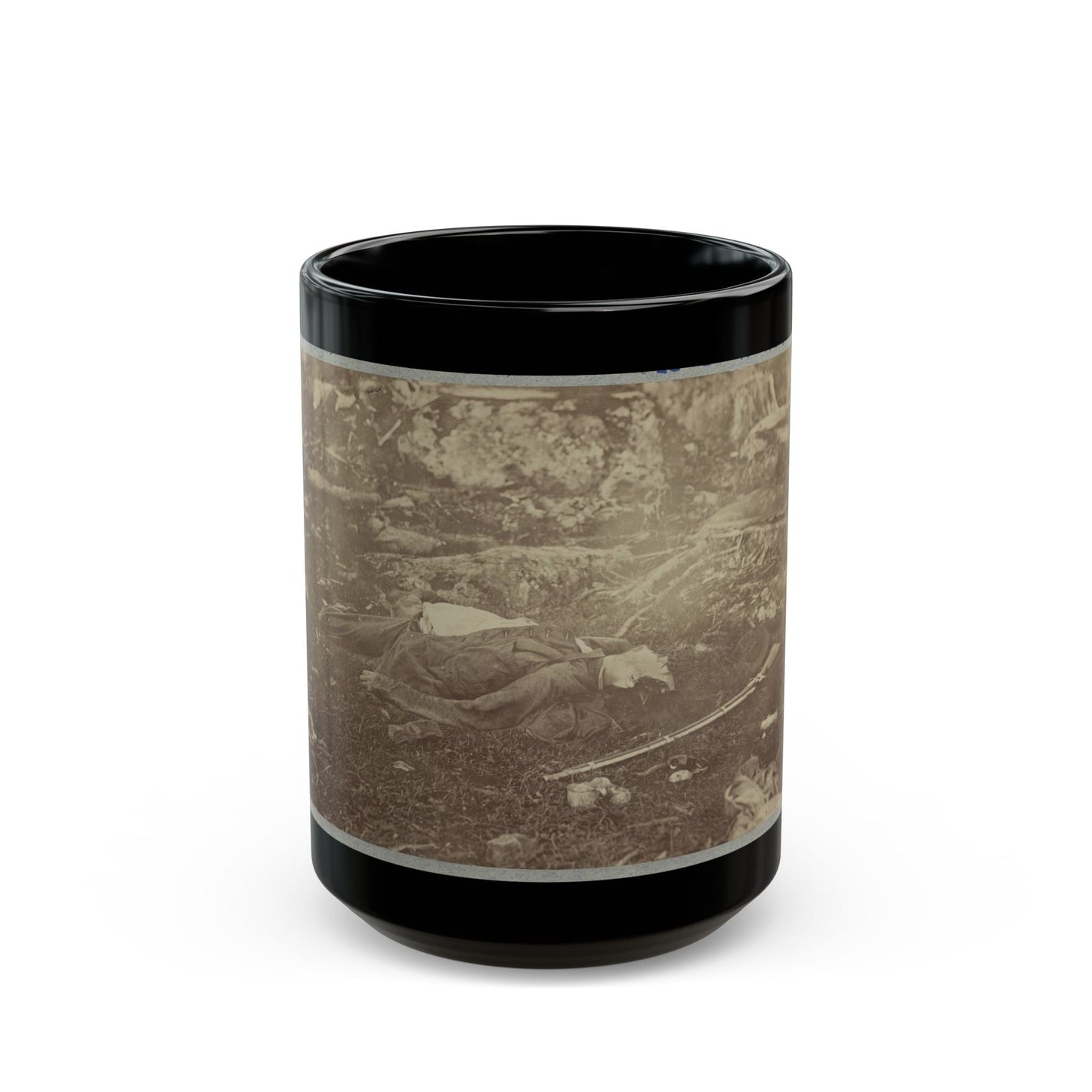 Battlefield Of Gettysburg. Dead Confederate Sharpshooter At Foot Of Little Round Top (U.S. Civil War) Black Coffee Mug