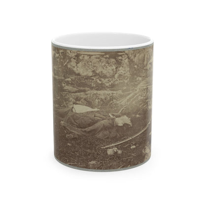 Battlefield Of Gettysburg. Dead Confederate Sharpshooter At Foot Of Little Round Top (U.S. Civil War) White Coffee Mug