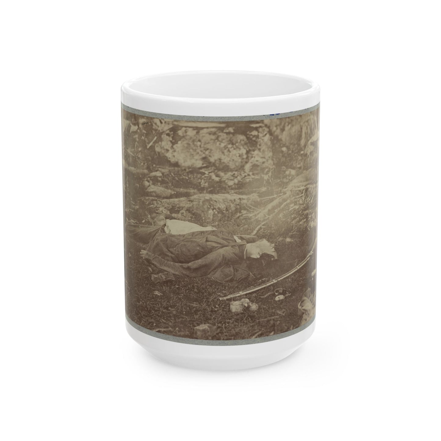 Battlefield Of Gettysburg. Dead Confederate Sharpshooter At Foot Of Little Round Top (U.S. Civil War) White Coffee Mug