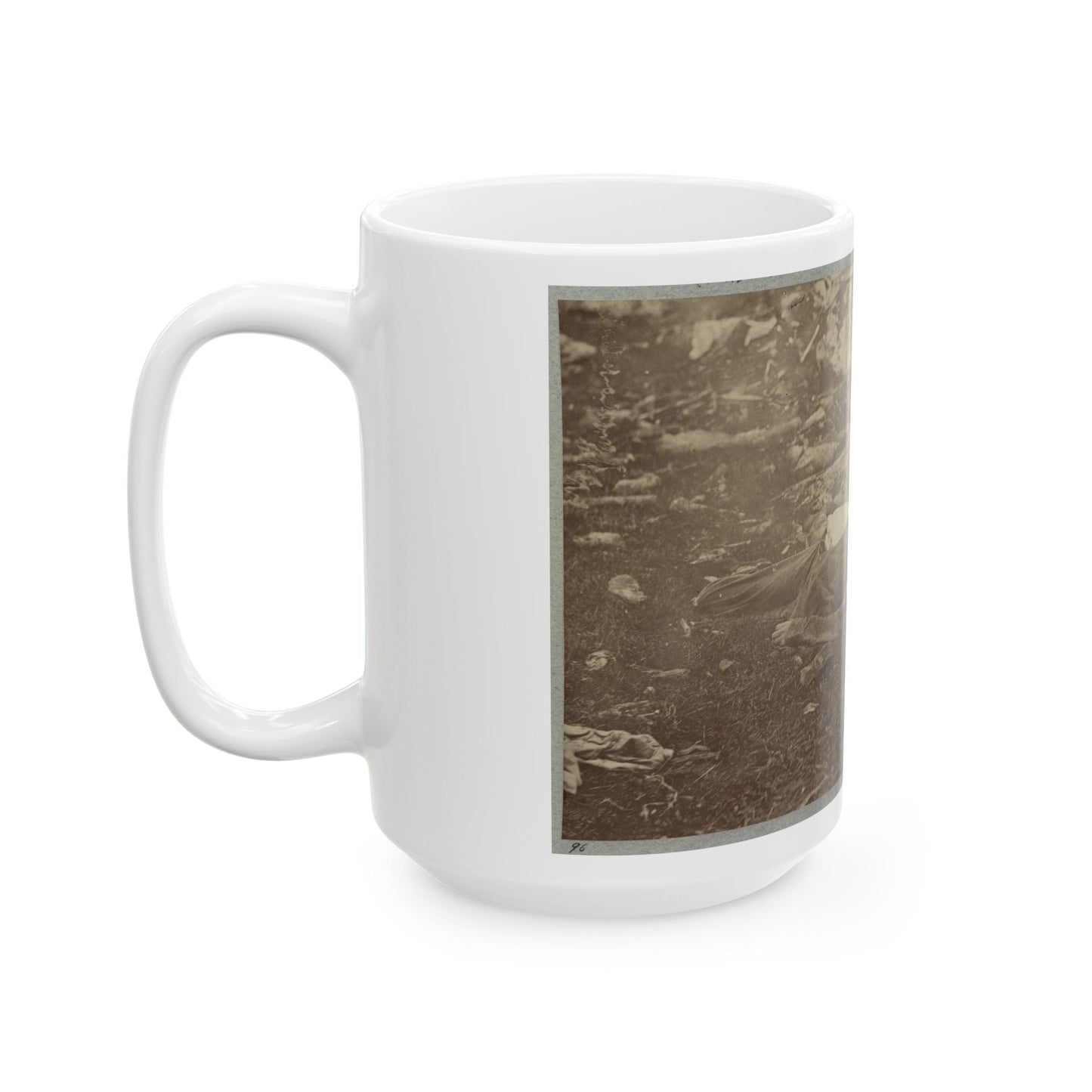 Battlefield Of Gettysburg. Dead Confederate Sharpshooter At Foot Of Little Round Top (U.S. Civil War) White Coffee Mug