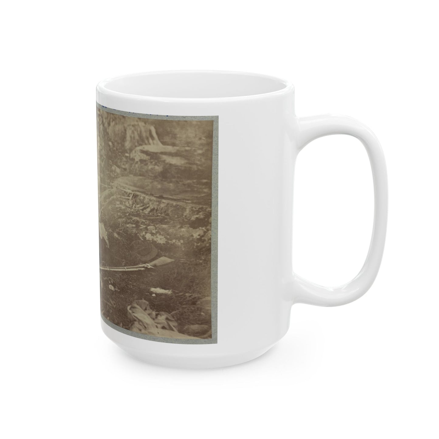 Battlefield Of Gettysburg. Dead Confederate Sharpshooter At Foot Of Little Round Top (U.S. Civil War) White Coffee Mug