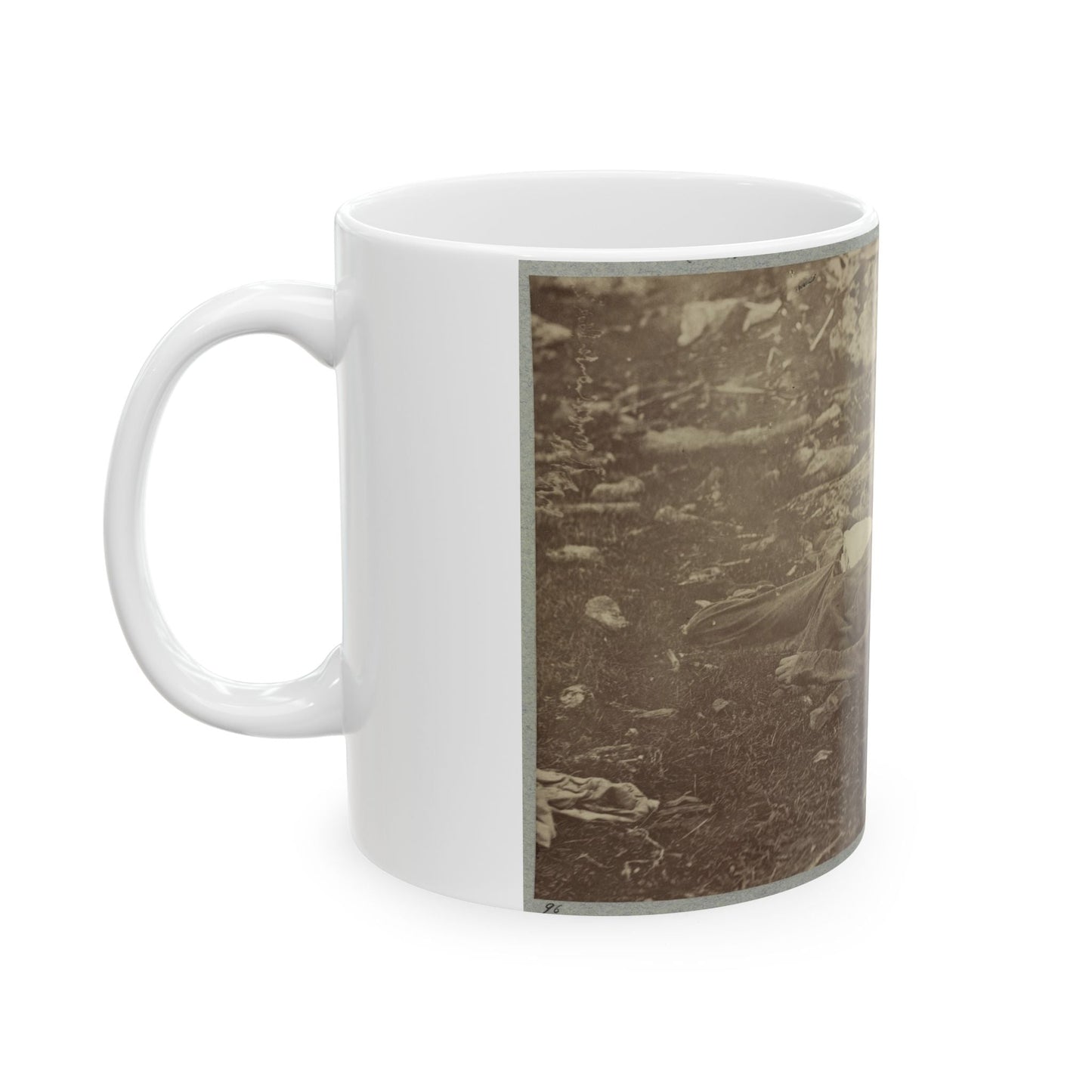 Battlefield Of Gettysburg. Dead Confederate Sharpshooter At Foot Of Little Round Top (U.S. Civil War) White Coffee Mug