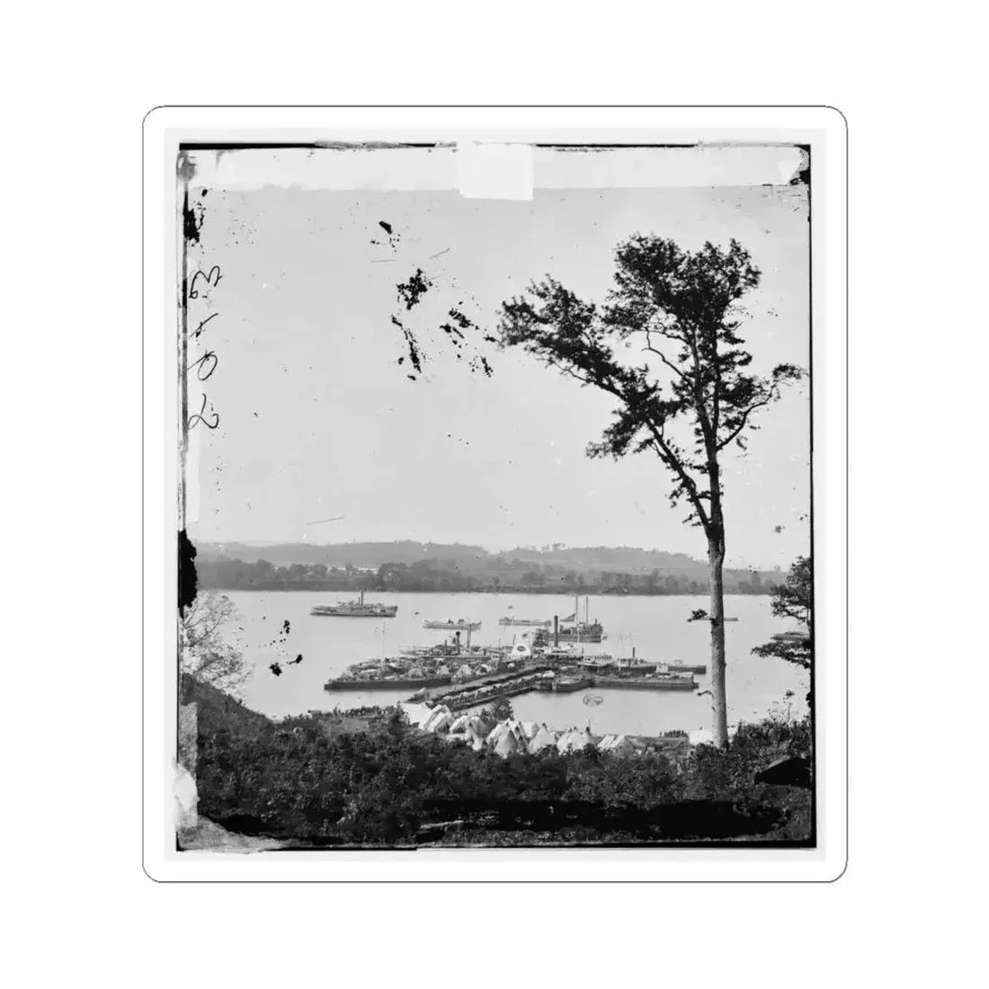 Belle Plain Landing, Virginia. View of Camp and Transports. (Lower Landing). Photo Taken Near Bull Bluff (U.S. Civil War) STICKER Vinyl Kiss-Cut Decal 6 Inch White - The Sticker Space