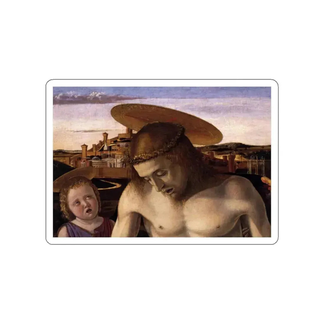BELLINI, Giovanni - 1459 - Dead Christ Supported by Two Angels (detail) (Artwork) STICKER Vinyl Die-Cut Decal White Die-Cut 2 Inch - The Sticker Space