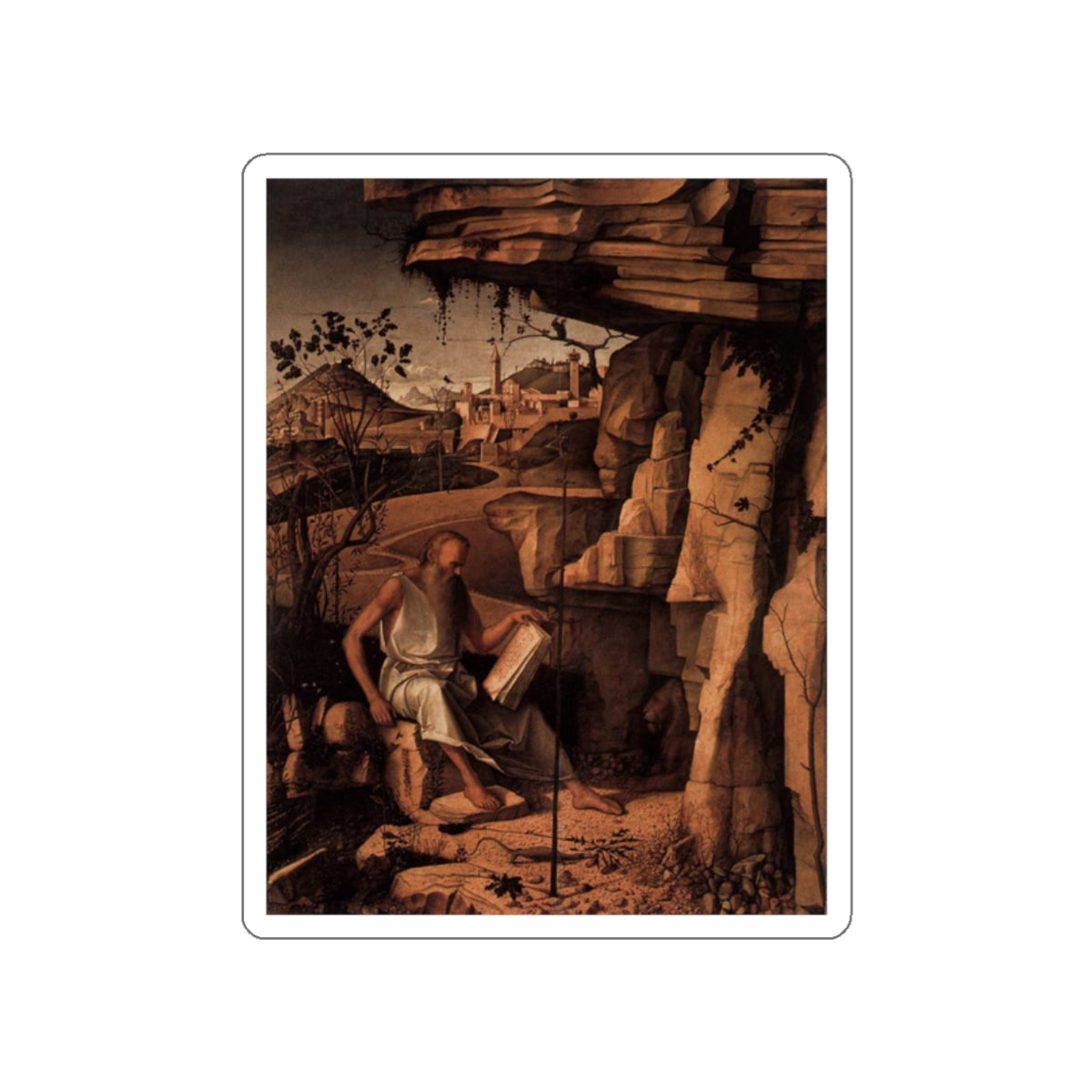 BELLINI, Giovanni - 1480-89 - St Jerome Reading in the Countryside2 (Artwork) STICKER Vinyl Die-Cut Decal-White-The Sticker Space