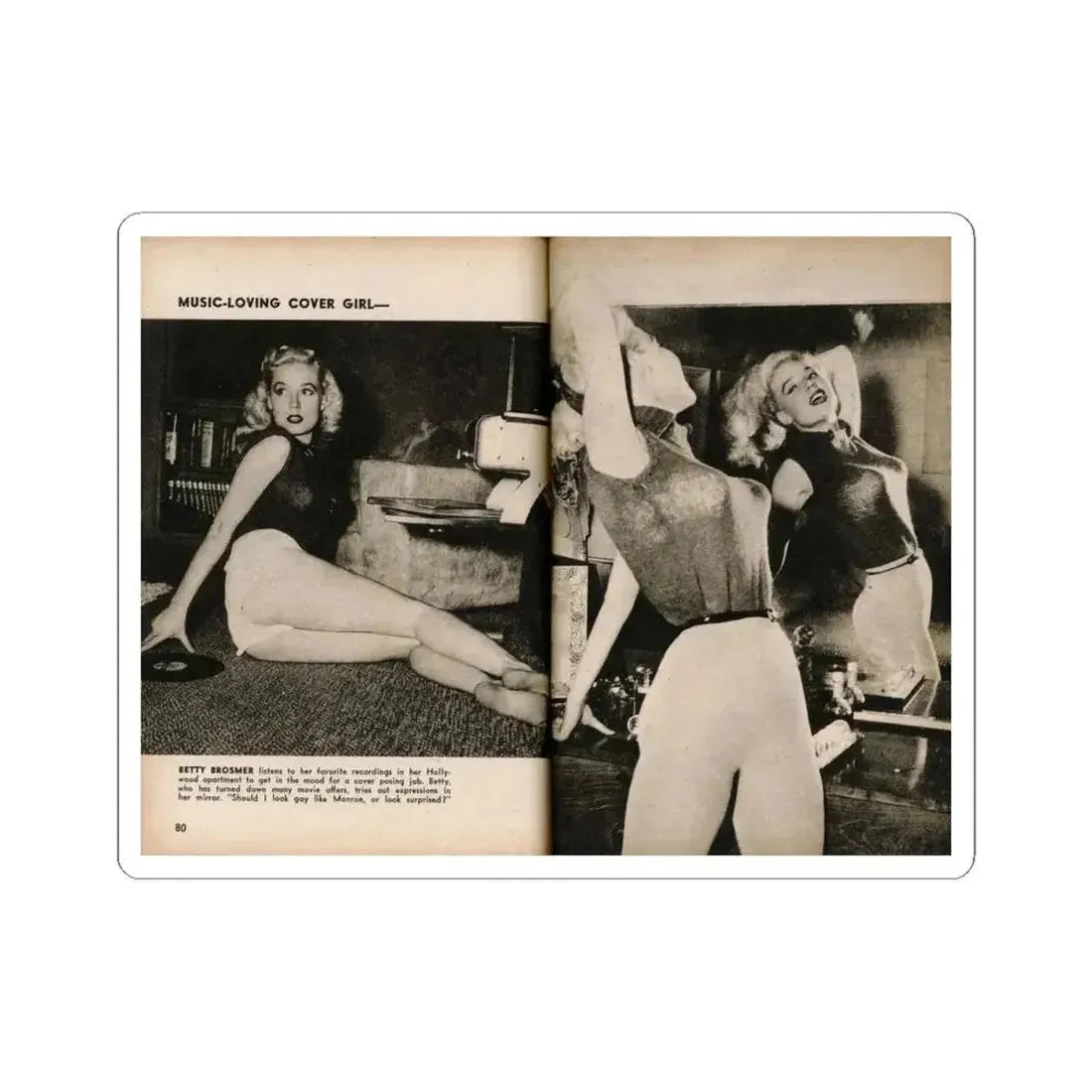 Betty Brosmer #237 - 2 Pages, 2 B&W Photos & Caption from PIC Digest Mag. May '57 (Vintage Female Icon) STICKER Vinyl Kiss-Cut Decal 6 Inch White - The Sticker Space