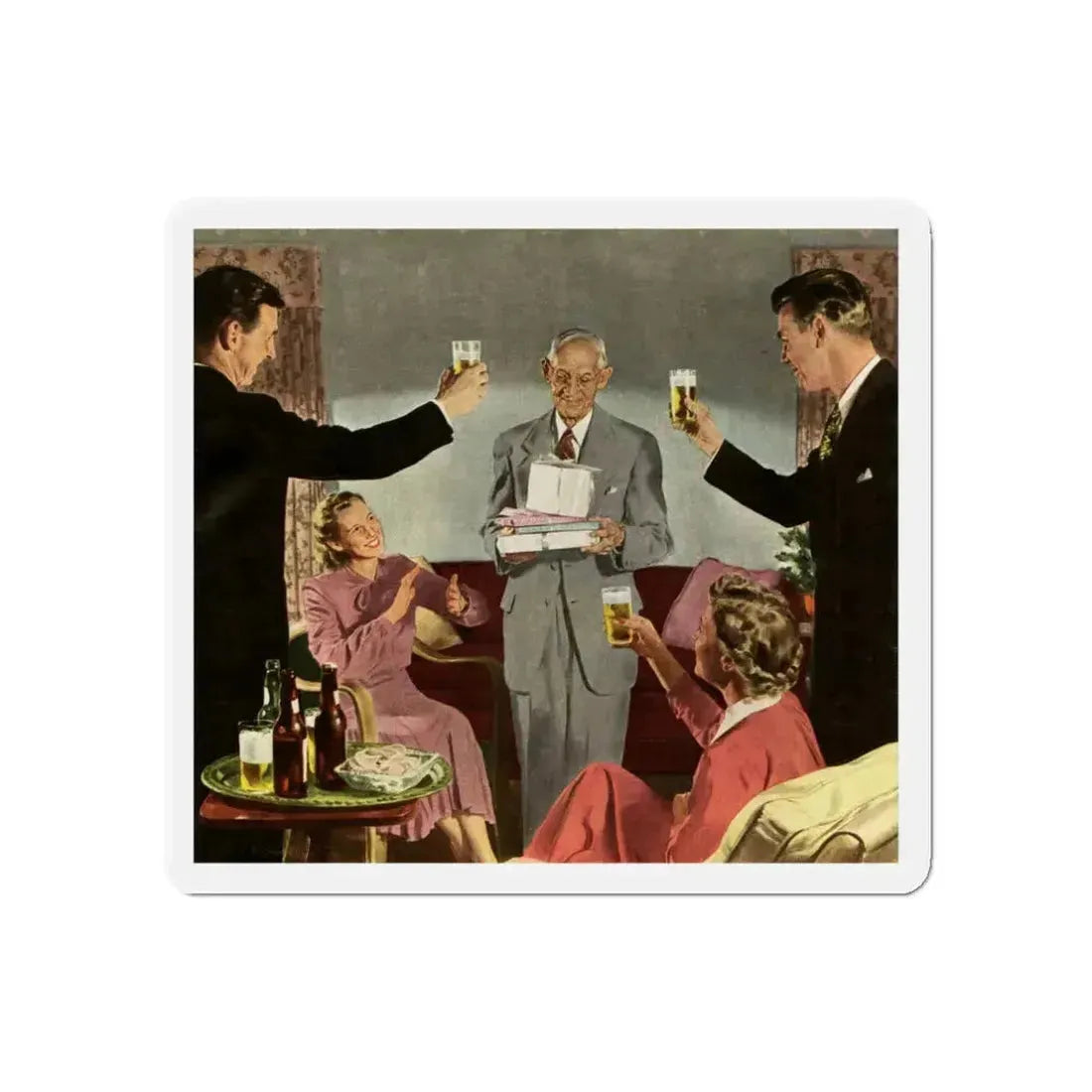 Birthday Party For Dad, 1949 (Magazine Illustration) Refrigerator Magnet 3 Inch Die-Cut - The Sticker Space