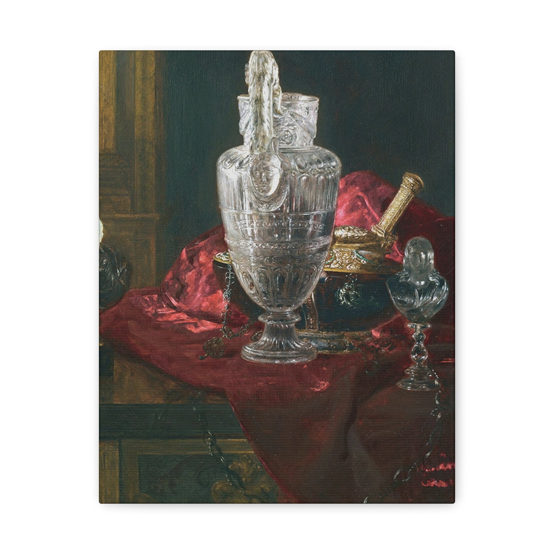 Blaise Alexandre Desgoffe (1830-1901) Carved rock crystal ewer and precious objects on red velvet - Canvas Wall Art-11″ x 14″-The Sticker Space