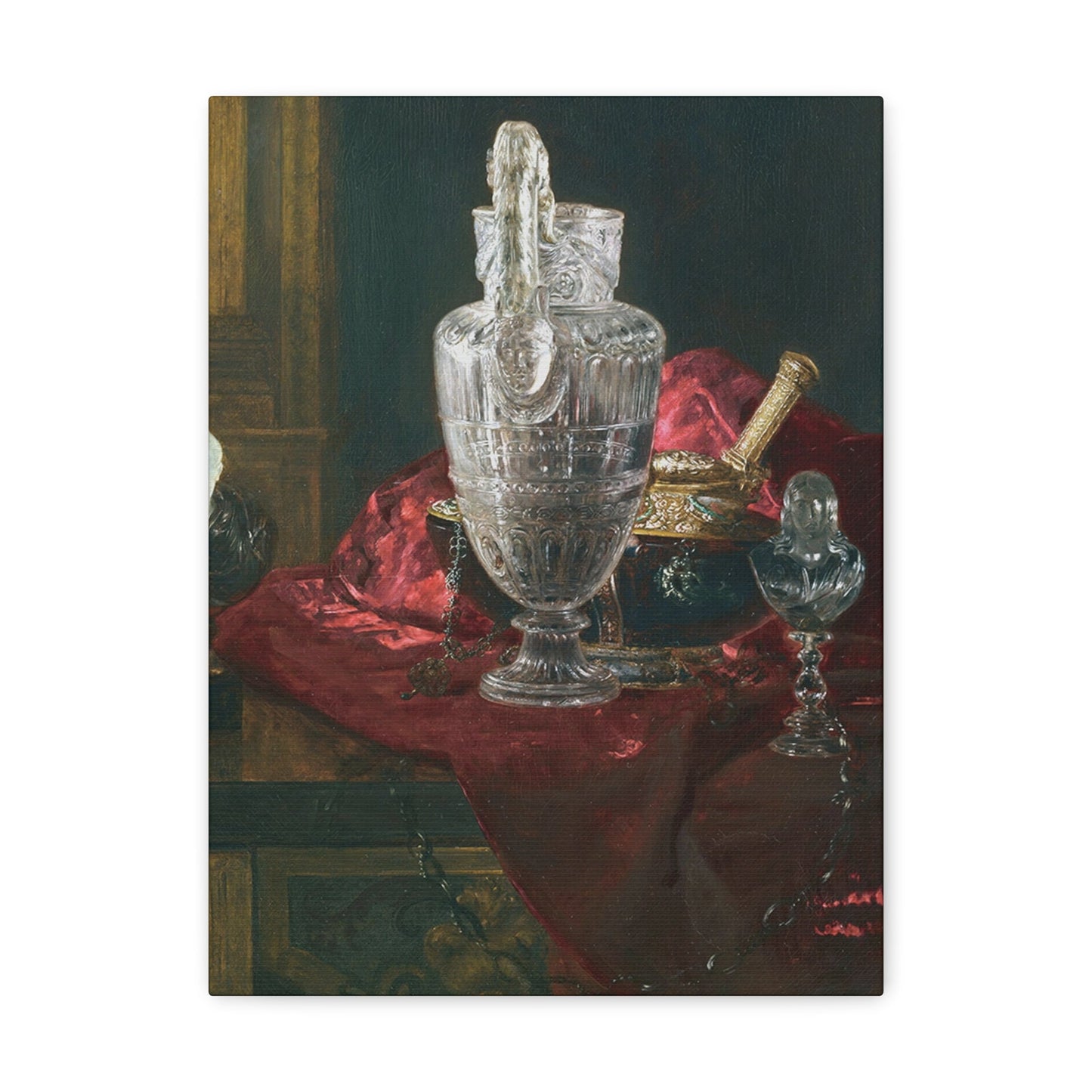 Blaise Alexandre Desgoffe (1830-1901) Carved rock crystal ewer and precious objects on red velvet - Canvas Wall Art-12″ x 16″-The Sticker Space