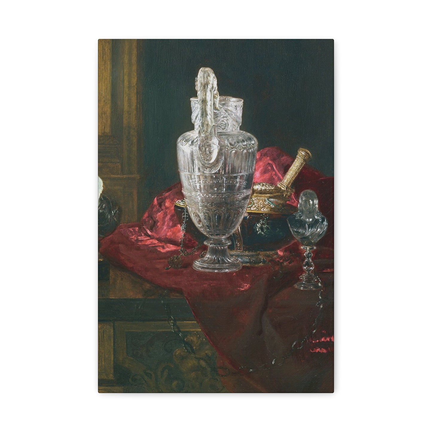 Blaise Alexandre Desgoffe (1830-1901) Carved rock crystal ewer and precious objects on red velvet - Canvas Wall Art-12" x 18"-The Sticker Space