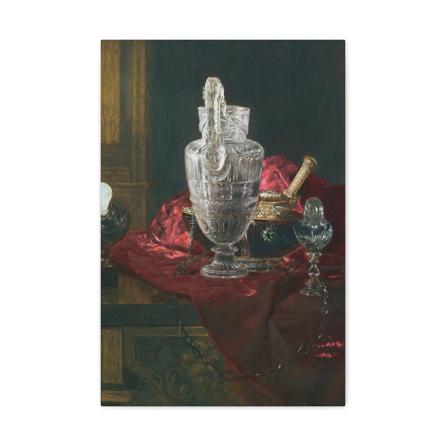 Blaise Alexandre Desgoffe (1830-1901) Carved rock crystal ewer and precious objects on red velvet - Canvas Wall Art-16″ x 24″-The Sticker Space