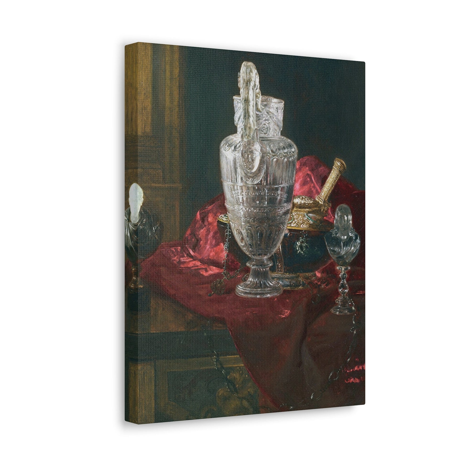 Blaise Alexandre Desgoffe (1830-1901) Carved rock crystal ewer and precious objects on red velvet - Canvas Wall Art-The Sticker Space