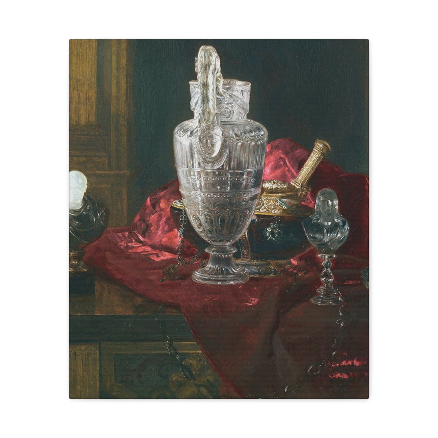 Blaise Alexandre Desgoffe (1830-1901) Carved rock crystal ewer and precious objects on red velvet - Canvas Wall Art-20″ x 24″-The Sticker Space