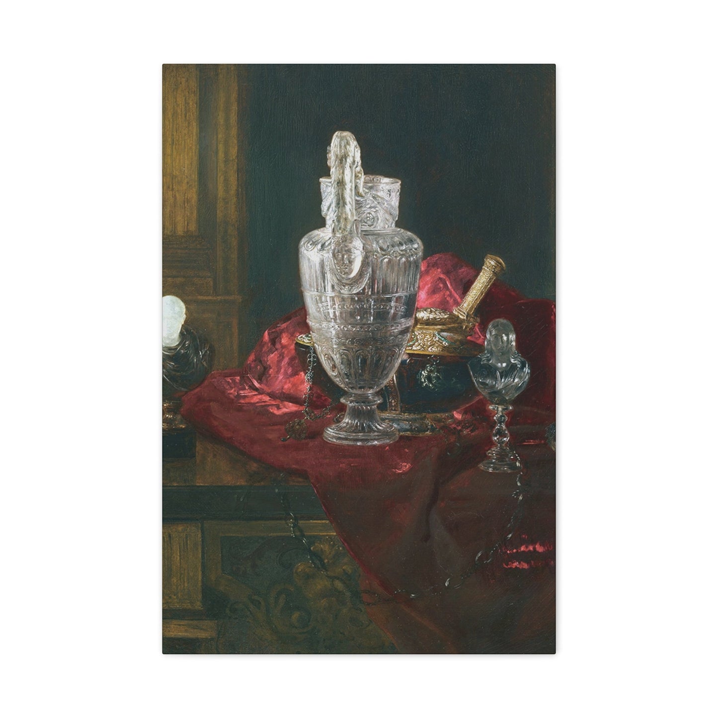 Blaise Alexandre Desgoffe (1830-1901) Carved rock crystal ewer and precious objects on red velvet - Canvas Wall Art-20″ x 30″-The Sticker Space