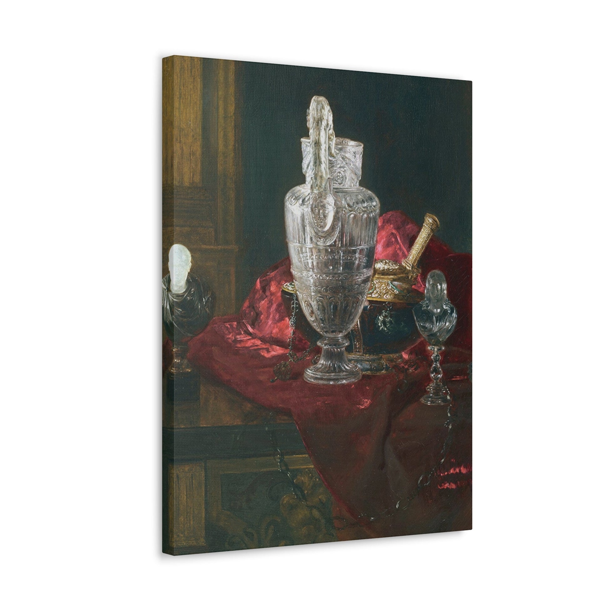 Blaise Alexandre Desgoffe (1830-1901) Carved rock crystal ewer and precious objects on red velvet - Canvas Wall Art-The Sticker Space