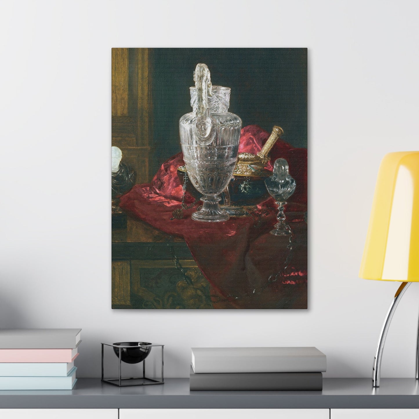 Blaise Alexandre Desgoffe (1830-1901) Carved rock crystal ewer and precious objects on red velvet - Canvas Wall Art-The Sticker Space