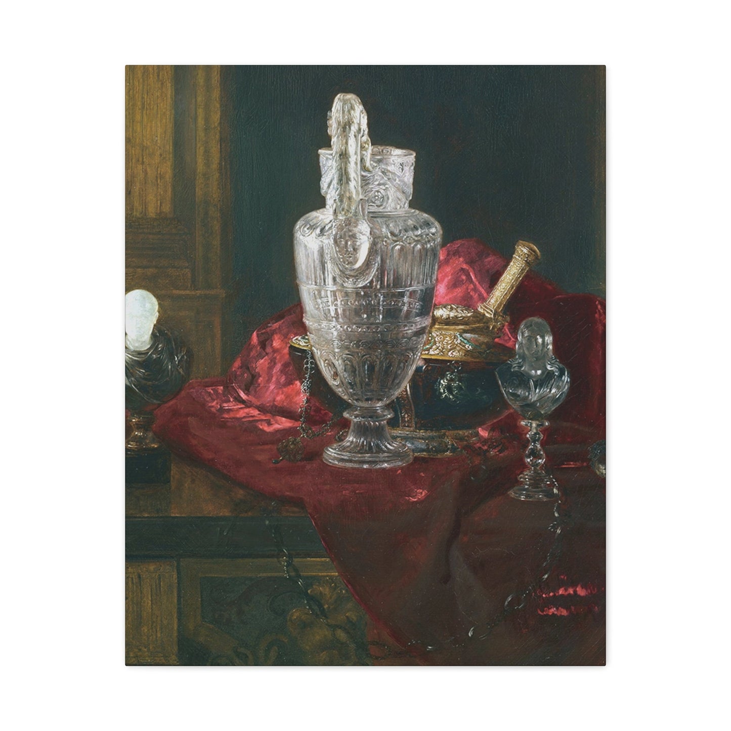 Blaise Alexandre Desgoffe (1830-1901) Carved rock crystal ewer and precious objects on red velvet - Canvas Wall Art-24″ x 30″-The Sticker Space