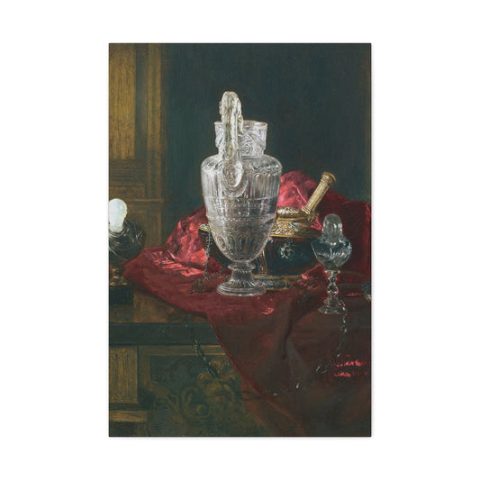 Blaise Alexandre Desgoffe (1830-1901) Carved rock crystal ewer and precious objects on red velvet - Canvas Wall Art-24″ x 36″-The Sticker Space