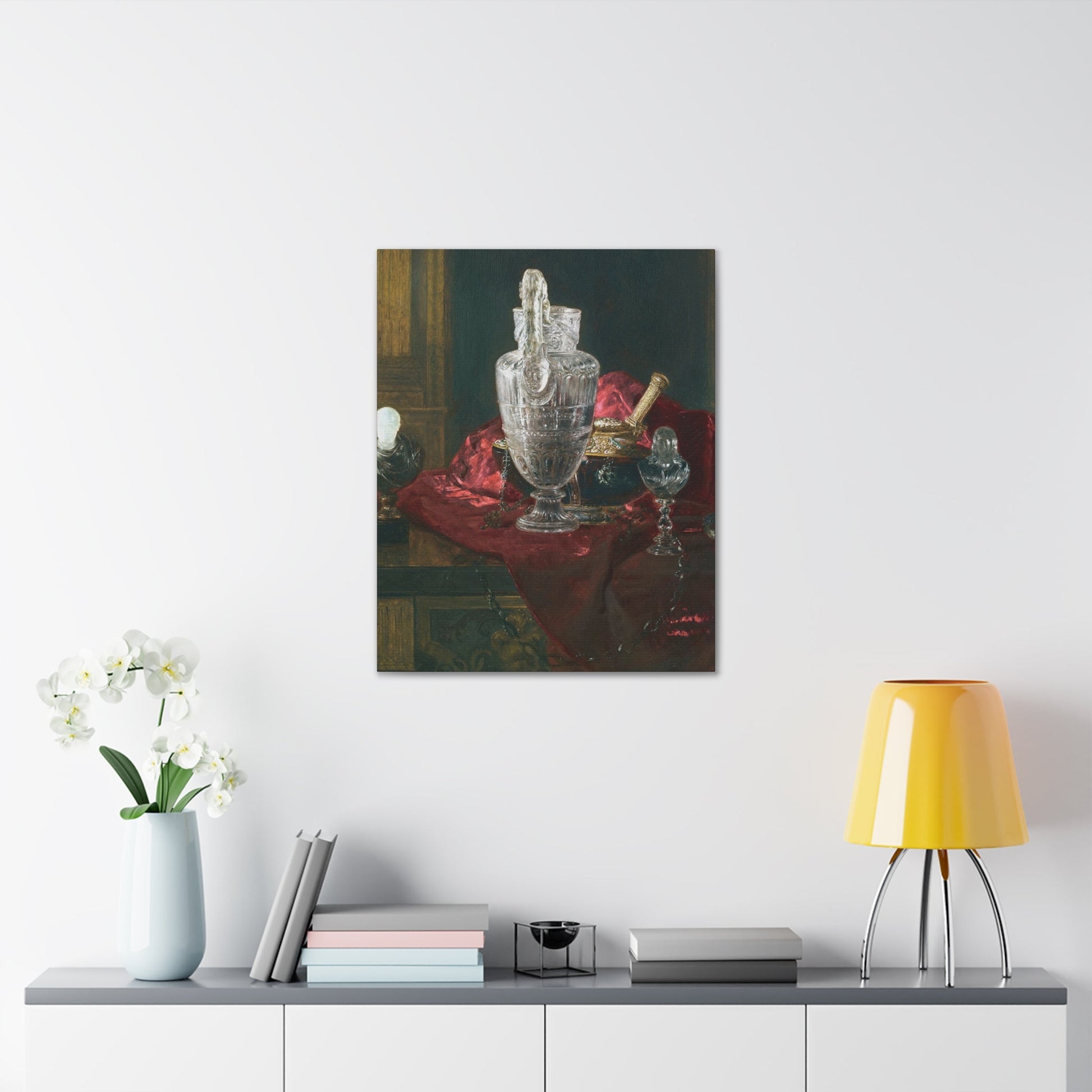 Blaise Alexandre Desgoffe (1830-1901) Carved rock crystal ewer and precious objects on red velvet - Canvas Wall Art-The Sticker Space