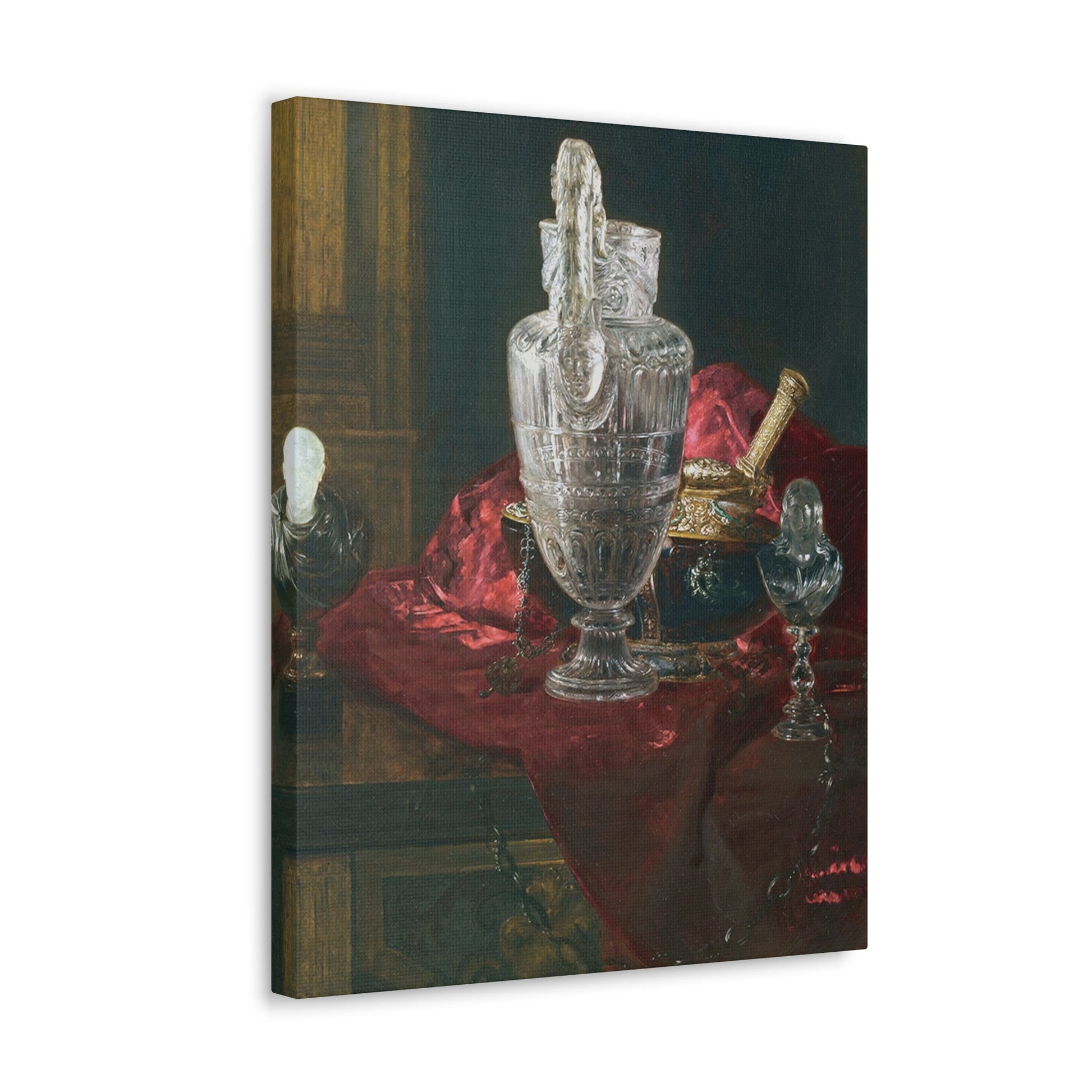 Blaise Alexandre Desgoffe (1830-1901) Carved rock crystal ewer and precious objects on red velvet - Canvas Wall Art-The Sticker Space