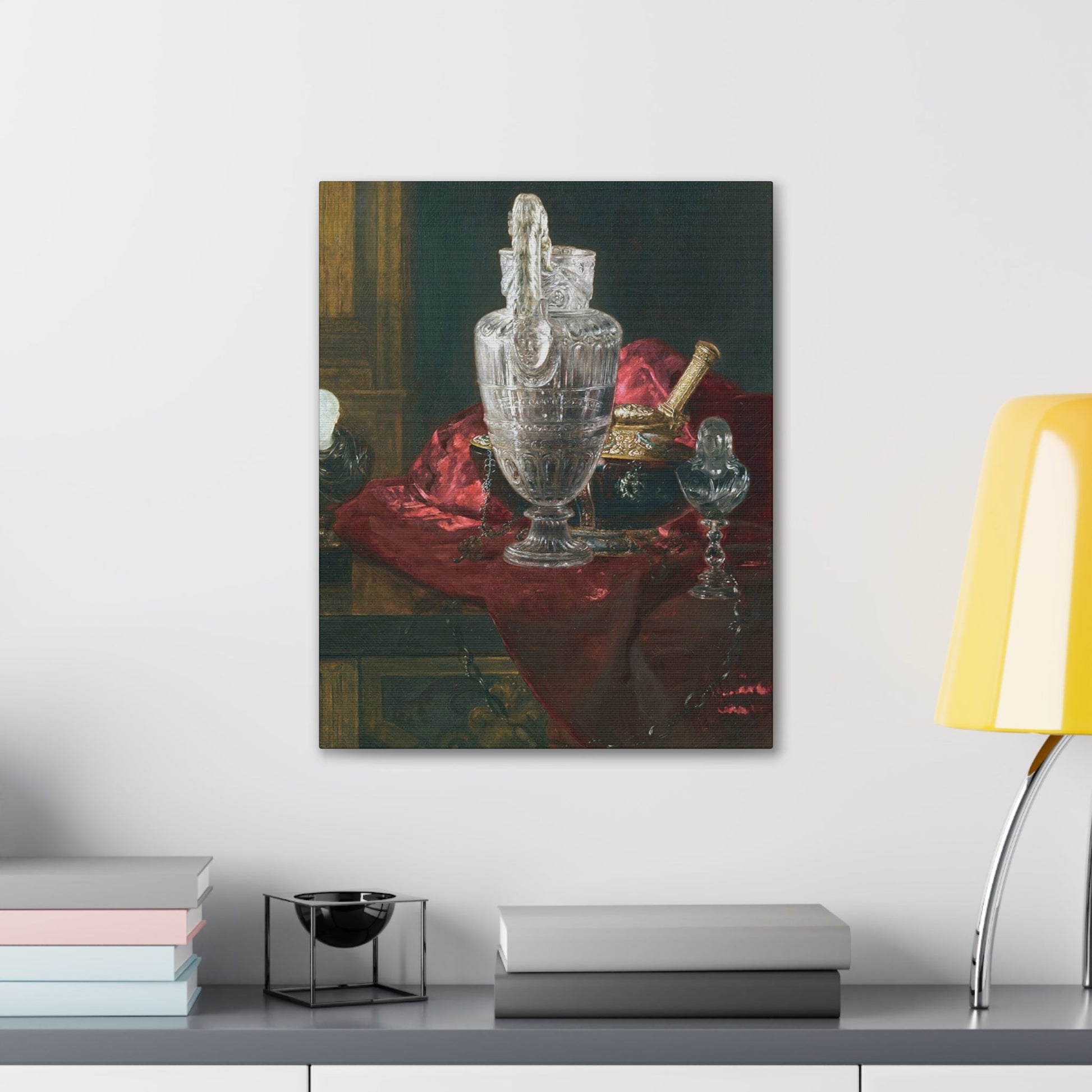 Blaise Alexandre Desgoffe (1830-1901) Carved rock crystal ewer and precious objects on red velvet - Canvas Wall Art-The Sticker Space