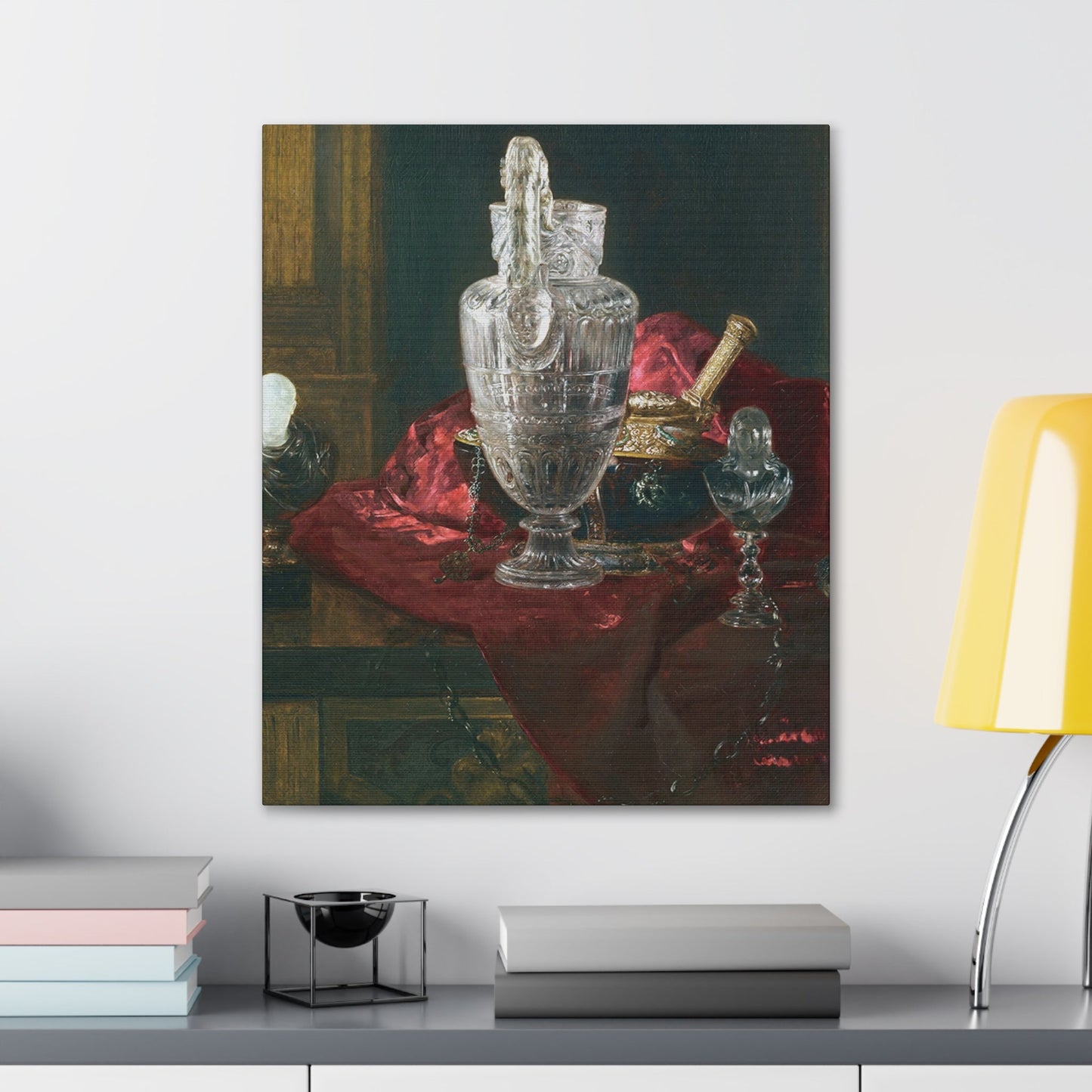 Blaise Alexandre Desgoffe (1830-1901) Carved rock crystal ewer and precious objects on red velvet - Canvas Wall Art-The Sticker Space