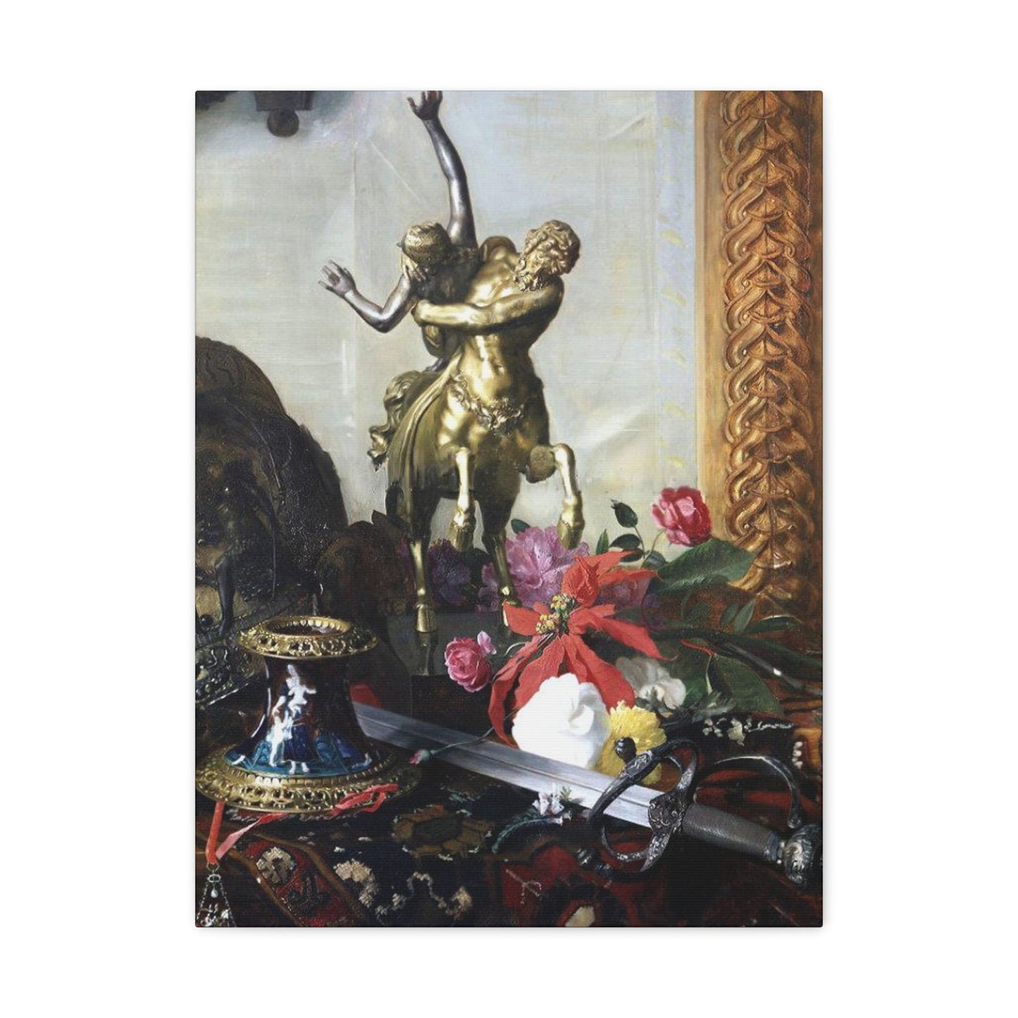 Blaise Alexandre Desgoffe (1830-1901) Still Life with a Bronze Statue - 1869 - Canvas Wall Art-18″ x 24″-The Sticker Space