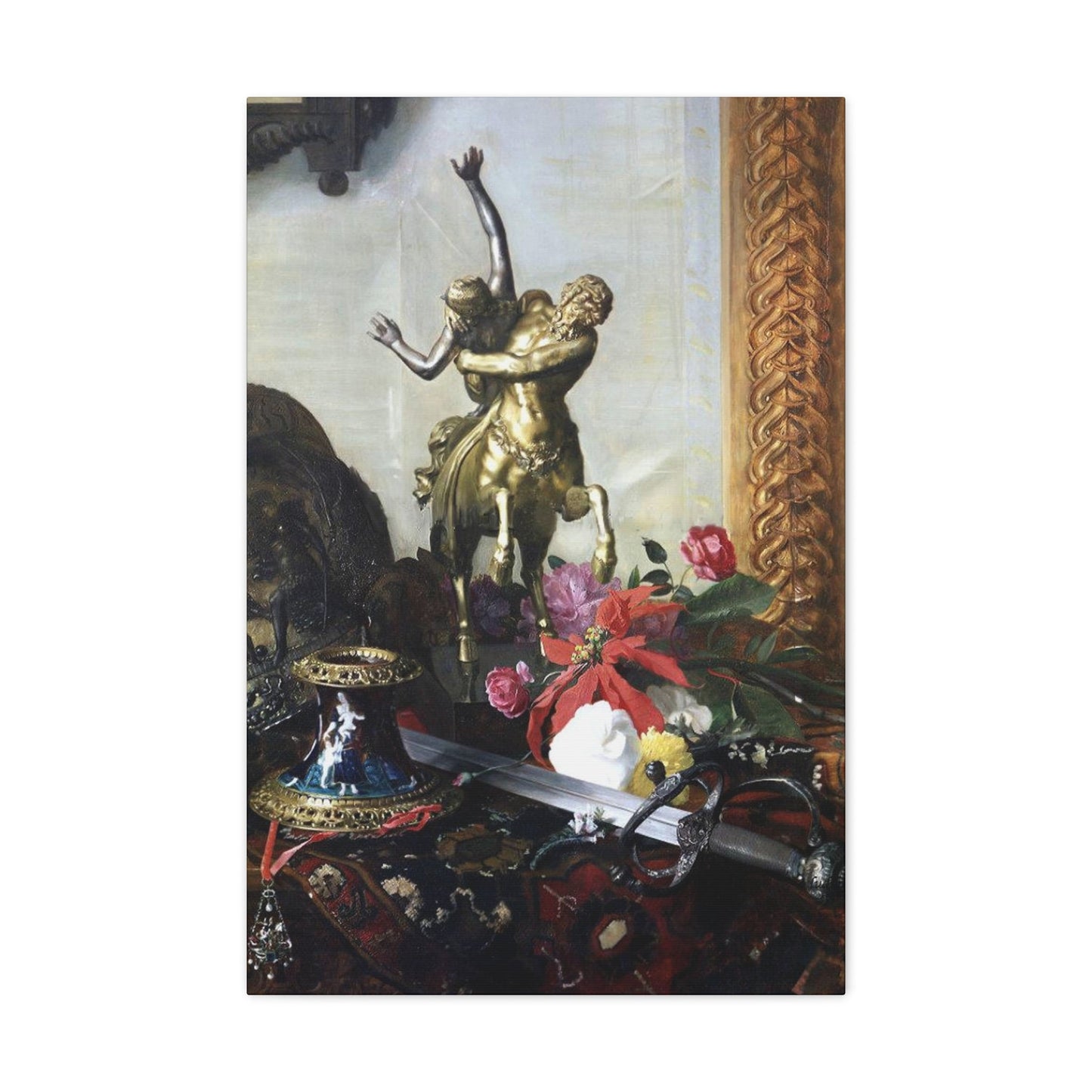 Blaise Alexandre Desgoffe (1830-1901) Still Life with a Bronze Statue - 1869 - Canvas Wall Art-20″ x 30″-The Sticker Space