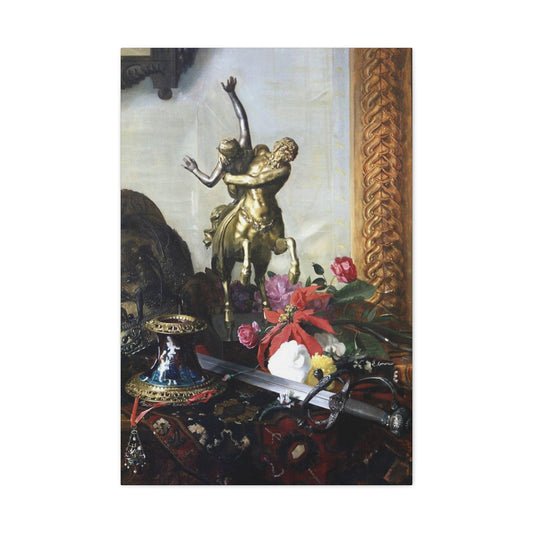 Blaise Alexandre Desgoffe (1830-1901) Still Life with a Bronze Statue - 1869 - Canvas Wall Art-24″ x 36″-The Sticker Space