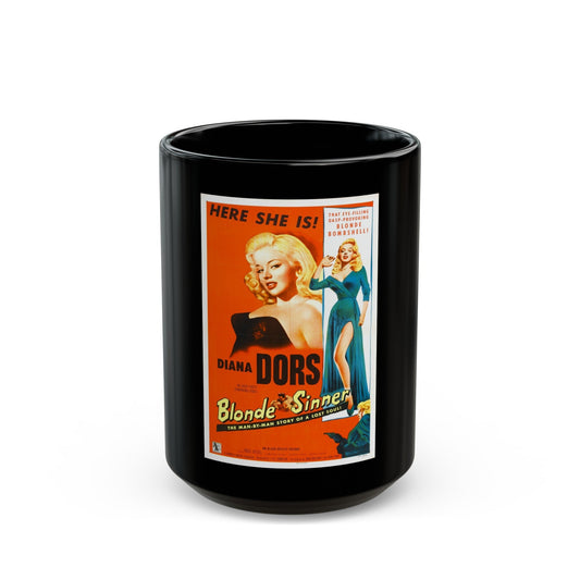 BLONDE SINNER 1956 Movie Poster - Black Coffee Mug-15oz-The Sticker Space