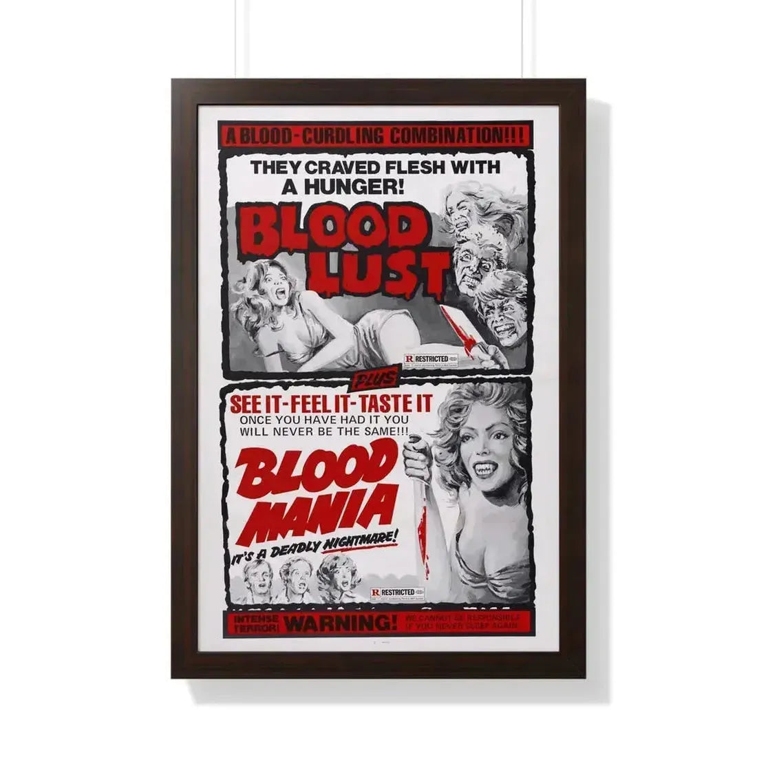 BLOOD LUST & BLOOD MANIA 1970 - Framed Movie Poster 20" x 30" Walnut - The Sticker Space