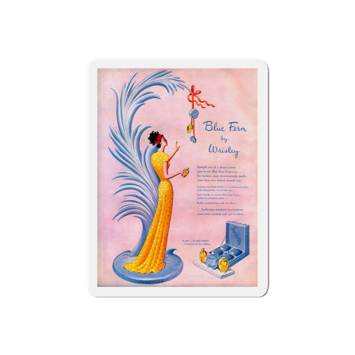 Blue Fern by Wrisley, 1948 (Magazine Illustration) Refrigerator Magnet-6" × 6"-The Sticker Space